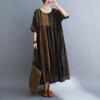 2022 Retro Ethnic Round Neck Striped Swing Dress with Short Sleeves One Size