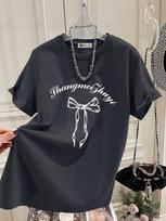 Women's European-Style Loose Short-Sleeve Cotton T-Shirt, 2024, Bow Detail, Mid-Length, Straight Shoulder, Round Neck - Trendy Summer Top XL tamsiai pilka spalva
