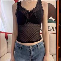 BM Style Ruffle V-Neck Bow Mesh See-Through Slimming Vest Top for Women One Size juoda