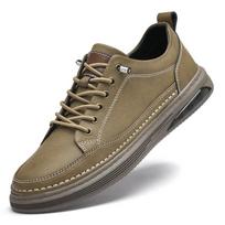 Men's shoes spring new leather fashion youth tide shoes men's round head shallow mouth board shoes light breathable casual shoes 37 chaki