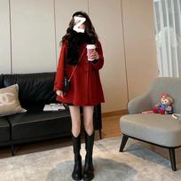Horn Button Woolen Coat New Year Early Spring Thickened Red Small Medium Length Woolen Coat for Women S raudona