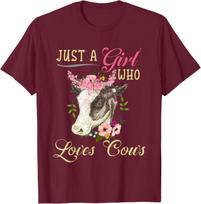 Just a Girl Who Loves Cows Graphic Tee Cute Floral Cow Head Women Casual T-Shirt S