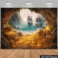 2D Flat Printing Pirate Backdrop, Treasure Cave & Ships Party Background 47.2x31.5inch/120*80cm