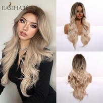 Ilgi rudi blondinai Ombre sintetiniai perukai moterims plaukams Banguoti perukai karščiui atsparus moteriškas perukas Cosplay beige