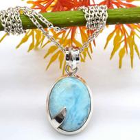 Ovalus Cabochon Natural Larimar (14,52 ct) Pakabukas Kaklo papuošalas, solidus 925 sterlingų sidabro brangakmenio pakabukas su grandinėle, skirta moterims arba mergaitėms mėlyna