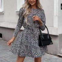 Vintažinė Pavasario Vasaros Suknelė Moterims Madinga Apvalia Kaklo Išspausdinta Gėlių Ilgomis Rankovėmis Suknelė Moteriškos Laisvalaikio Suknelės Elegantiškos 17080 XXL rožinė raudona spalva
