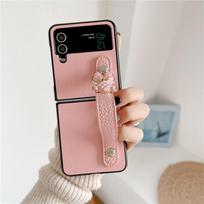 Mielas Bear Pu odinis dėklas su ištraukiamu riešo dirželiu, skirtas Samsung Galaxy Z Flip 4 Z Flip 3 5g atsparus smūgiams dangtelis Z Flip4 Zflip3 Galaxy Z Flip 4 rožinė