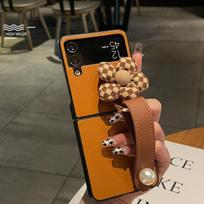 For Samsung Galaxy Z Flip 4 3 Case Plaid Flower Pu Leather Pearl Wrist Strap Bracket Hard Pc Phone Cover For Galaxy Z Flip 4