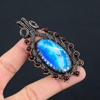 Lovely Blue Dendrite Opal Gemstone Pure Copper Wire Wrapped Handmade Jewelry Pendant 3.35 Inches mėlyna