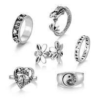 Flower Carving Star Moon Retro Jewelry Moteriškas žavesys naktinio klubo temperamento žiedų rinkinys sidabras