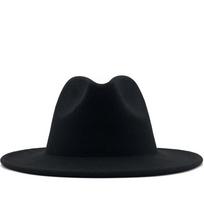 Karšta išorinė juoda vidinė tamsiai mėlyna vilnos veltinio džiazo Fedora kepurės su plonu diržo sagtimi Vyriški moteriški plataus krašto Panama Trilby kepuraitė 56-58cm 56-58CM black