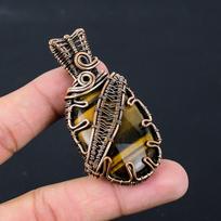Tiger Eye Gemstone Pure Copper Wire Wrapped Handmade Pendant Jewelry Gift 2.76 Inches geltona