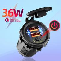 36w greitas įkroviklis Qc3.0 dvigubas USB automobilinis įkroviklis su jungiklio mygtuku LED įtampos ekranas, skirtas motociklų valčiai Rv ATV juoda