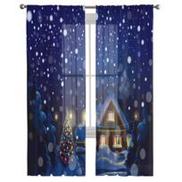 Christmas Tree House Lights Snowflakes Night Building Tulle Sheer Window Curtains Living Room Voile Organza Curtains Drapes W135 x H115cm x1