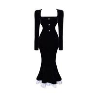 Vintage Bodycon Velvet Mermaid Vakarėlio Suknelės Moteriškos Elegantiškos Nėriniai Vakariniai Prom Vestidos Moteriški rudens žieminiai drabužiai S juoda