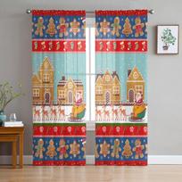 Christmas Curtain Gingerbread Candy Santa Tulle Curtain Sheer Valances Curtains For Living Room Home Decoration Drape Panel 135W x 114H(cm)