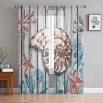 Coral Conch Starfish Plank Texture Tulle Curtains For Living Room Sheer Curtain For Bedroom Kitchen Blinds Voile Curtains 135W x 114H(cm)