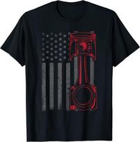 Vintažinis Amerikos vėliavos stūmoklis Juokingas raumeninio automobilio mechaniko Unisex marškinėliai S black