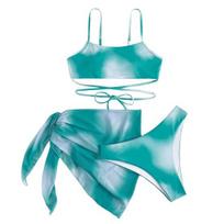 3Pcs/Set Women Sexy Bikini Set Tie-dye Print Sling Bra High Waist Briefs Set Quick Drying M mėlyna