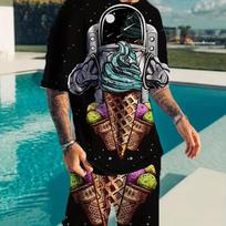 2pcs Fashion Suit, Men's Astronaut & Ice Cream Graphic Slightly Stretch T-shirt & Comfy Shorts For All Seasons Outdoor 6XL gray