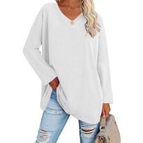 Women's Fashion V-neck T-shirt Loose Drop Shoulder Sleeve V-neck Solid Colour Long Sleeve Tops XXL balta
