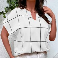 Spring and Summer Big Size Women Plaid Printed T-shirt Short Sleeve Shirt Missing Angle Collar Bat Sleeve Tops 5XL balta