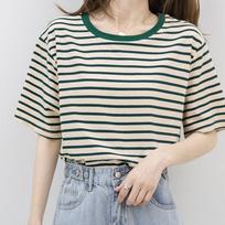 Green Striped T-shirt Short-sleeved Hong Kong Style Summer Design Sense Niche Loose Half-sleeved Senior Sense Tops Female Obvious Thin S žalia