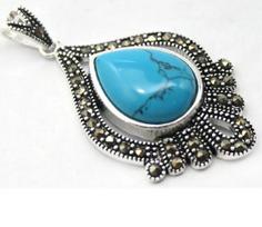 Nice design 925 Sterling Silver Blue Turquoise Marcasite Lucky Pendant