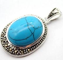 Lady's Elegant Natural Turquoise oval 30*20mm blue 925 Sterling Silver Marcasite Pendant