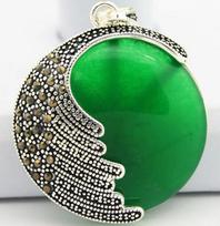 925 Sterling Silver Natural Green jade Round Marcasite Round Pendant 35MM