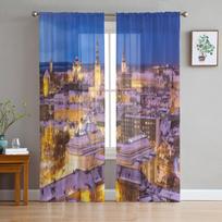 Žiemos nakties senamiesčio Taline oro peizažas permatomos užuolaidos svetainei tiulinė lango užuolaida miegamajam virtuvės užuolaidos 135W x 114H(cm) blue