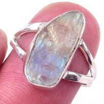 Natural Rainbow Moon Stone Gemstone Handmade 925 Sterling Silver Ring S.7 q6J64 gray