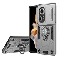 KEYSION Shockproof Armor Case for OPPO Reno11 Pro 5G Slide Camera Lens Protection Ring Stand Phone Cover for for OPPO Reno 11 5G for OPPO Reno11 5G pilka spalva