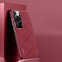 KEYSION Grid Pattern PU Leather Case for Huawei P60 P60 Pro Plating PC Camera Protection Phone Back Cover for Huawei P60 Pro for Huawei P60 raudona