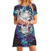 Sexy Slim Women's Dress Short Sleeve Skull Digital 3D Print Fashion V-Neck Women Clothes Summer Solid Color Casual A-line Dress 4XL