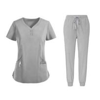 2 vnt. / rinkinys Unisex ligoninės uniformų rinkinys V formos iškirpte, trumpomis rankovėmis, kišenės Viršūnės, elastingas juosmens kelnių rinkinys, greitai džiūstantis M pilka