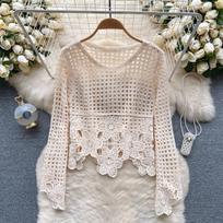 Summer Elegant Hollow Out Holiday Blouse Women O Neck Long SLeeves Embroidery Shirt Floral Solid Plaid Sheer Sexy Tops Beach Party One Size abrikosas