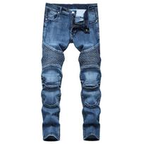 Men's Patchwork Vintage Biker Jeans Hip Hop Slim Straight Elastic Cycling Denim Pants Male Fashion Streetwear Trouser 29 tamsiai mėlyna spalva