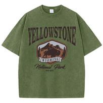 Woman Cotton Washed T-Shirts All-Math O-Neck Distressed Short Sleeve The Bison In Yellowstone Park Printing Tops Summer Clothes XS black