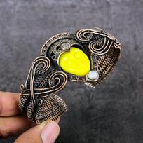 Natural Cameo, Moonstone Gemstone Copper Wire Wrap Cuff Bangle Adjustable K8v77