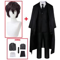 Dazai Osamu Cosplay Bungo Stray Dogs Kostiumas Kostiumas Ilgas Švarkas Paltas Suaugusiems Vyrams Anime Helovinas Kostiumas Kalėdiniai Drabužiai L-(Full set+wig) black
