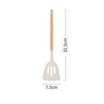 Medine rankena silikoninė mentelė aukštai temperatūrai, puodo mentelė, namų gaminimo šaukštas, kepimo mentelė, silikoniniai virtuvės įrankiai (beech frying spatula) ivory white
