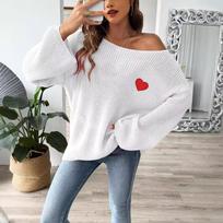 Women's Autumn and Winter One Neck Strapless Flare Sleeve Love Embroidery Applique Sweater S balta