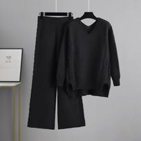 Knitted wide-leg pants sweater set women's 2024 autumn clothes new loose and thick fashion temperament two-piece set One size juoda