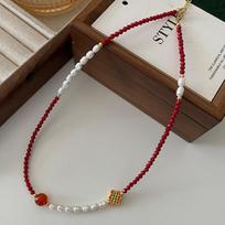 New Chinese Agate Beaded Necklace, Millet Bead Collarbone Chain, Guochao Retro Freshwater Pearl Sweater Chain, High-End Women gray