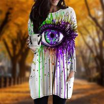 New In Autumn Big Eyes Print Plus Size Dress Women O'neck Long Sleeves Casual Pocket Dresses XS violetinė