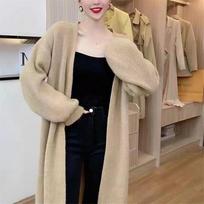 GMXIA Soft Waxy Solid Color Knitted Cardigan Women Autumn Loose Lazy Wind Long Sweater Coat One size chaki