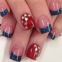24pcs Sparkling Red Press-On Nails Set with Glittery Stars - Short Square, Easy Apply Fake Nails for Festive Manicure Independence Day brown
