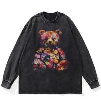 Streetwear Rose Bear Graphic Washed Black T-Shirt Cotton Unisex Plus Size Long Sleeves T Shirt XXL juoda