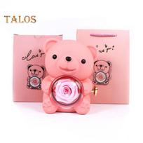 Išsaugotas Rose Hug Bear dovanų dėžutė su rankine amžinos gėlės besisukančio meškos papuošalų laikiklis, skirtas moterims Valentino dienos jubiliejui 1 Set rožinė